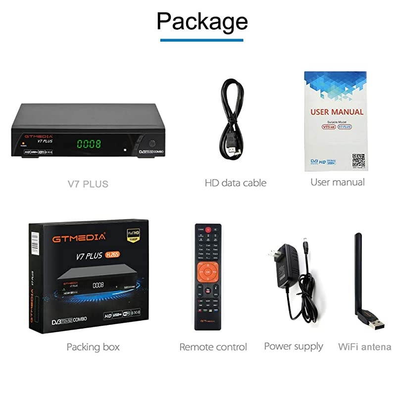 V7 Plus HD Free to air Satellite Receiver FTA DVB-S2/T2 Built-in Galaxy 19 Digital TV Sat Decoder with Antenna WiFi USB Full HD 1080P H.265 HEVC Support YouTube PVR CCcam