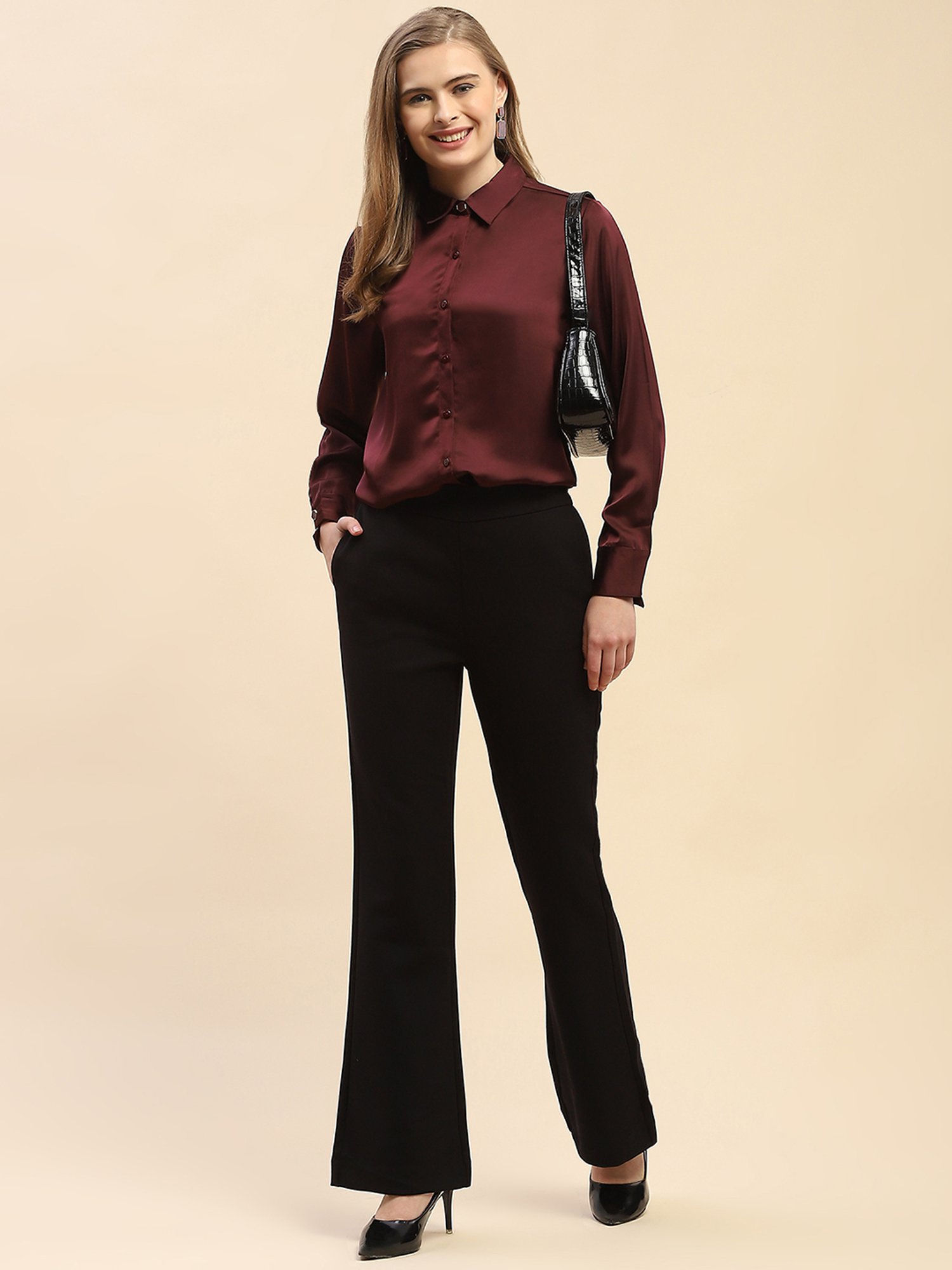 Camla Black Regular Fit Mid Rise Trousers