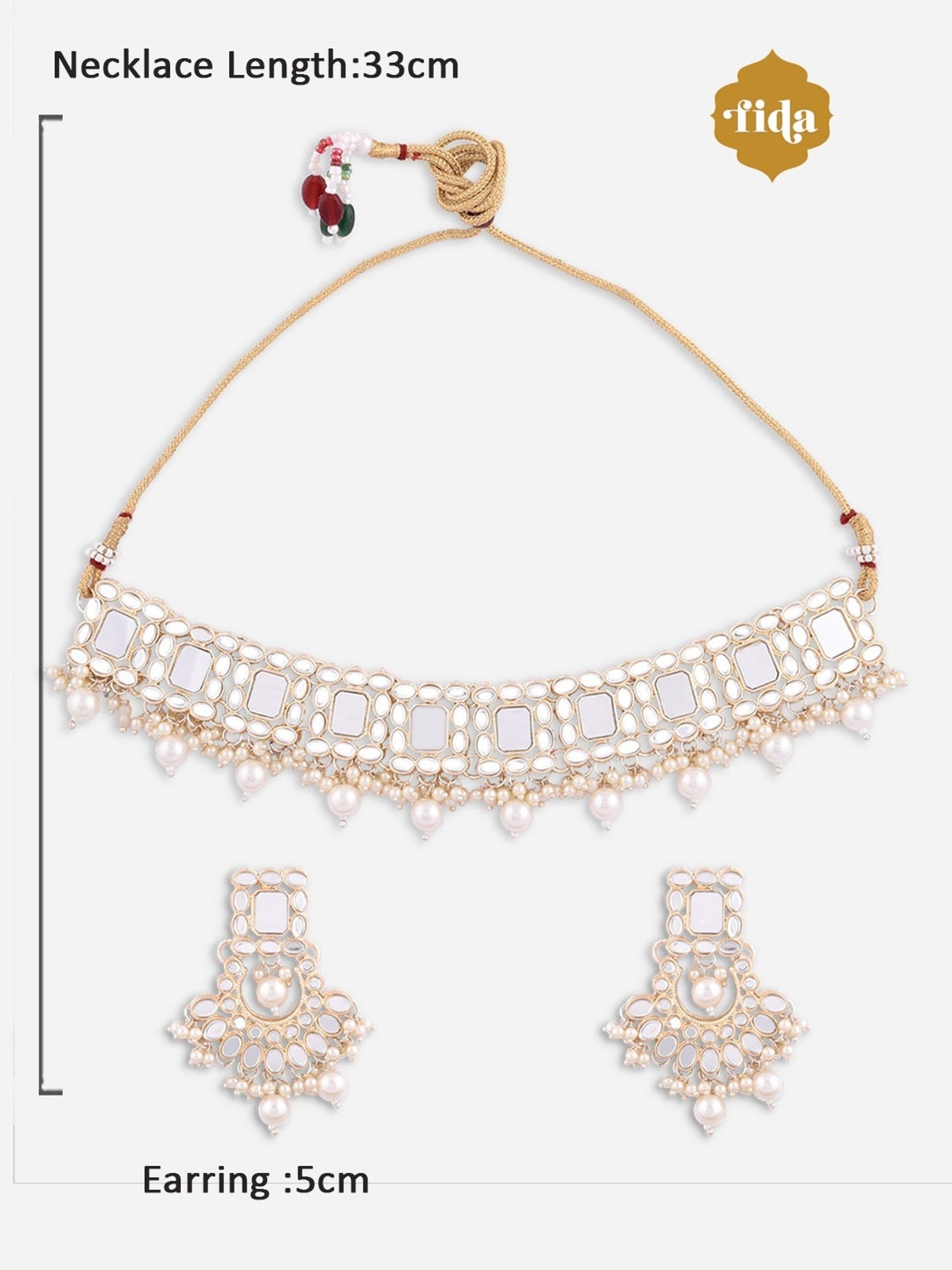 Fida Ethnic Indian Traditional Pearl Mirror Kundan Necklace Set for Women