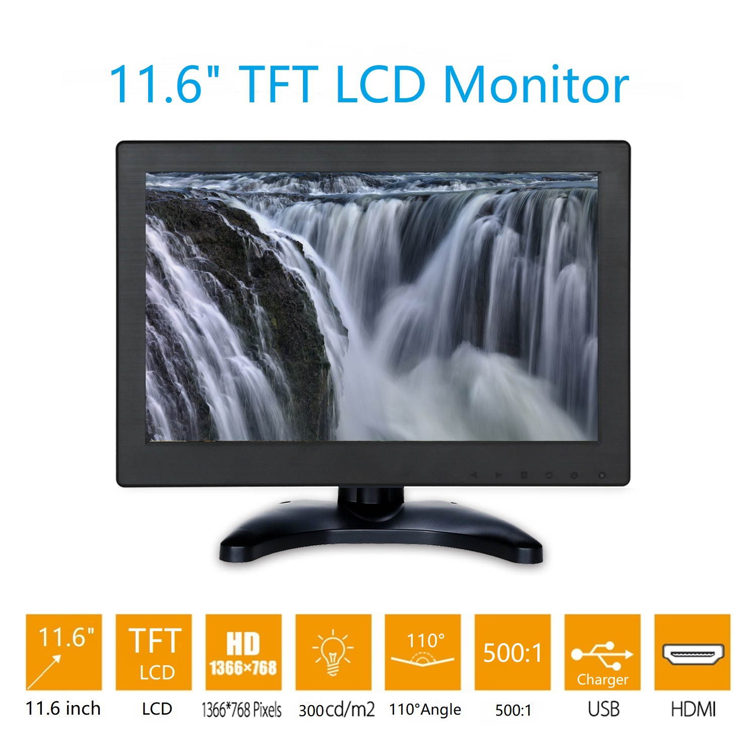 Nexanic 12 inch Monitor TFT HD 1366x768 with Video Audio AV VGA BNC USB HDMI 11.6 inch Display for CCTV Camera PC DVD Laptop