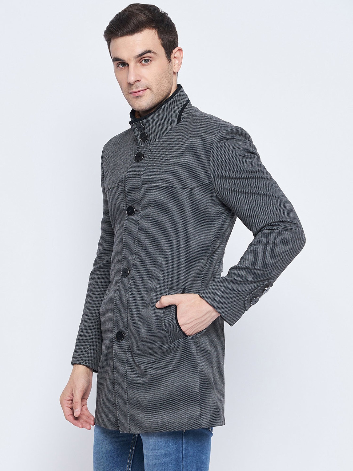 Camla Grey Regular Fit Mock Collar Textured Overcoat