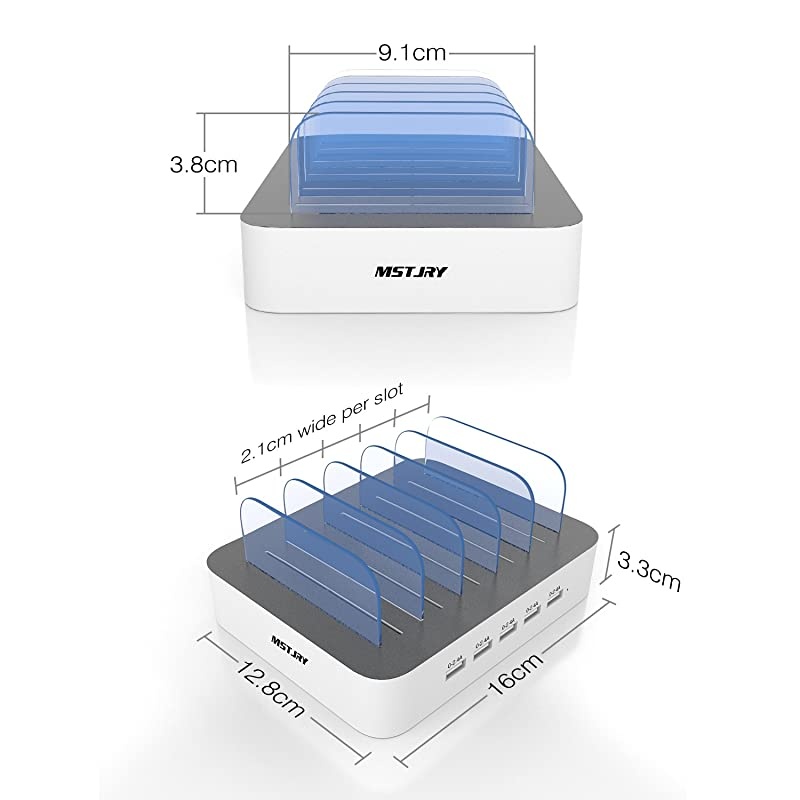 Charging Station for Multiple Devices,  5 Port Multi USB Charger Station with Power Switch Compatible with iPhone, iPad, Cell Phone, Tablets (White, 5 Mixed Short Cables Included)