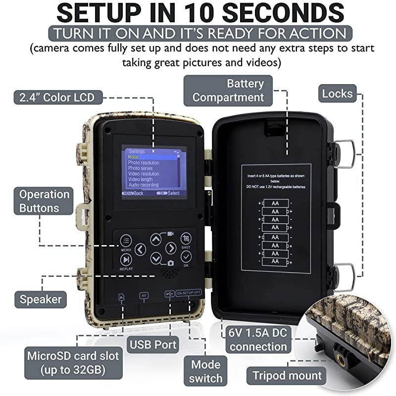 Trail Camera 14MP 1080P Full HD Wildlife Scouting Hunting Camera with Motion Activated Night Vision 120° Wide Angle Lens 42 IR LEDs and 24 LCD Screen IP66 Waterproof Game Camera