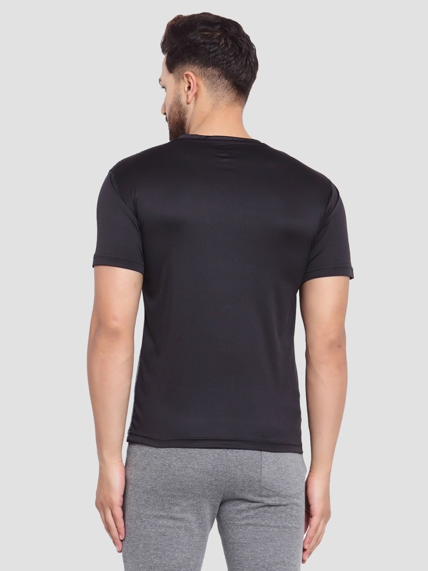 Sporto Mid Black Regular Fit Self Pattern Sports T-Shirt