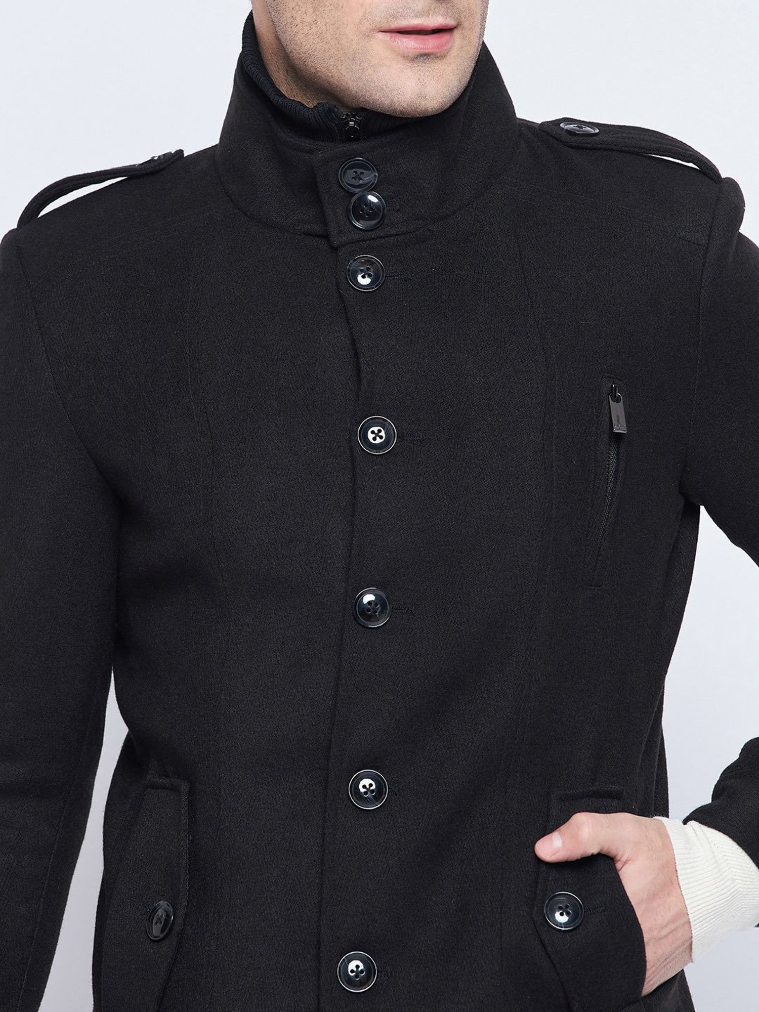 Camla Black Regular Fit Mock Collar Overcoat