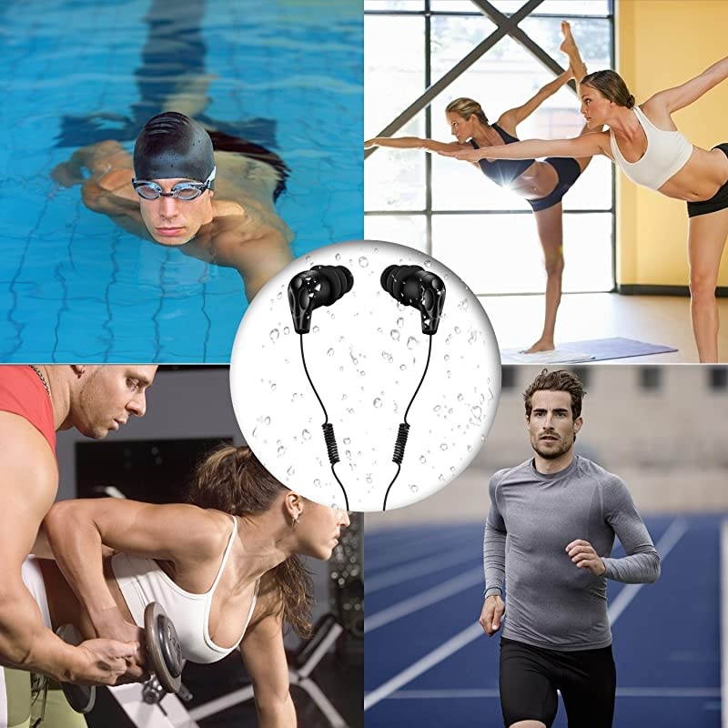 IPX8 Waterproof inEar Earphones Coiled Cable Swimming Earbuds with Stereo Audio Extension Cable Wired Black