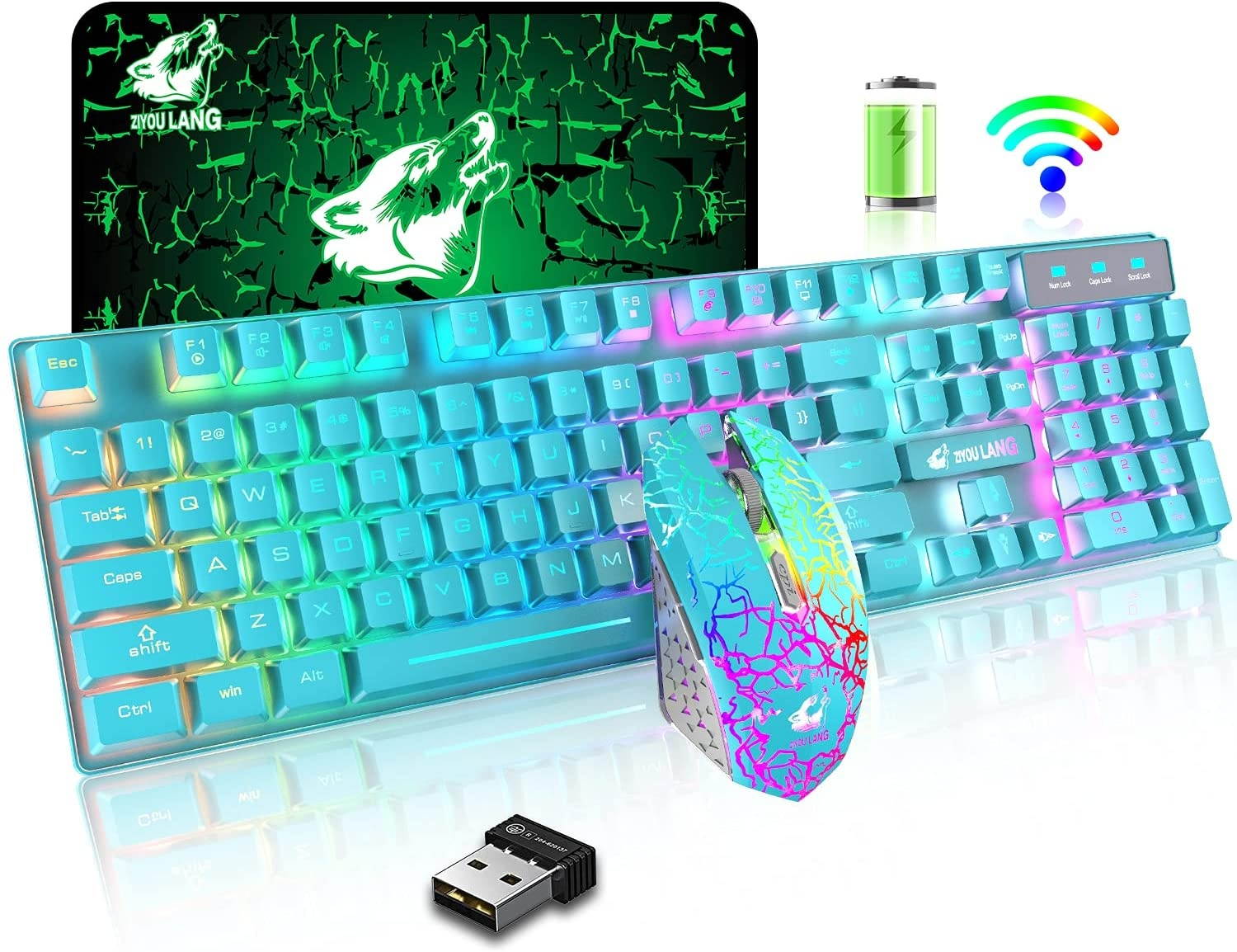 Wireless Gaming Keyboard and Mouse Combo Ranibow LED Backlit Rechargeable 4000mAh Battery Mechanical Feeling Waterproof Dustproof 7 Color Backlit Mute Mice for Computer Mac Gamer (Blue & Ranibow)