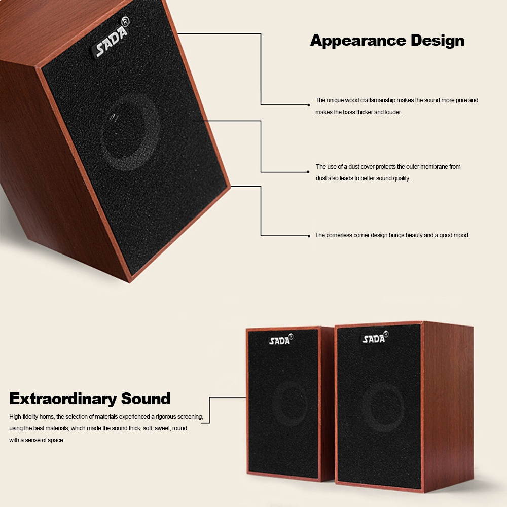 SADA V-160 USB Wired Wooden Combination Speakers Computer Speakers Bass Stereo Music Player Subwoofer Sound Box for Desktop Laptop Notebook Tablet PC Smart Phone