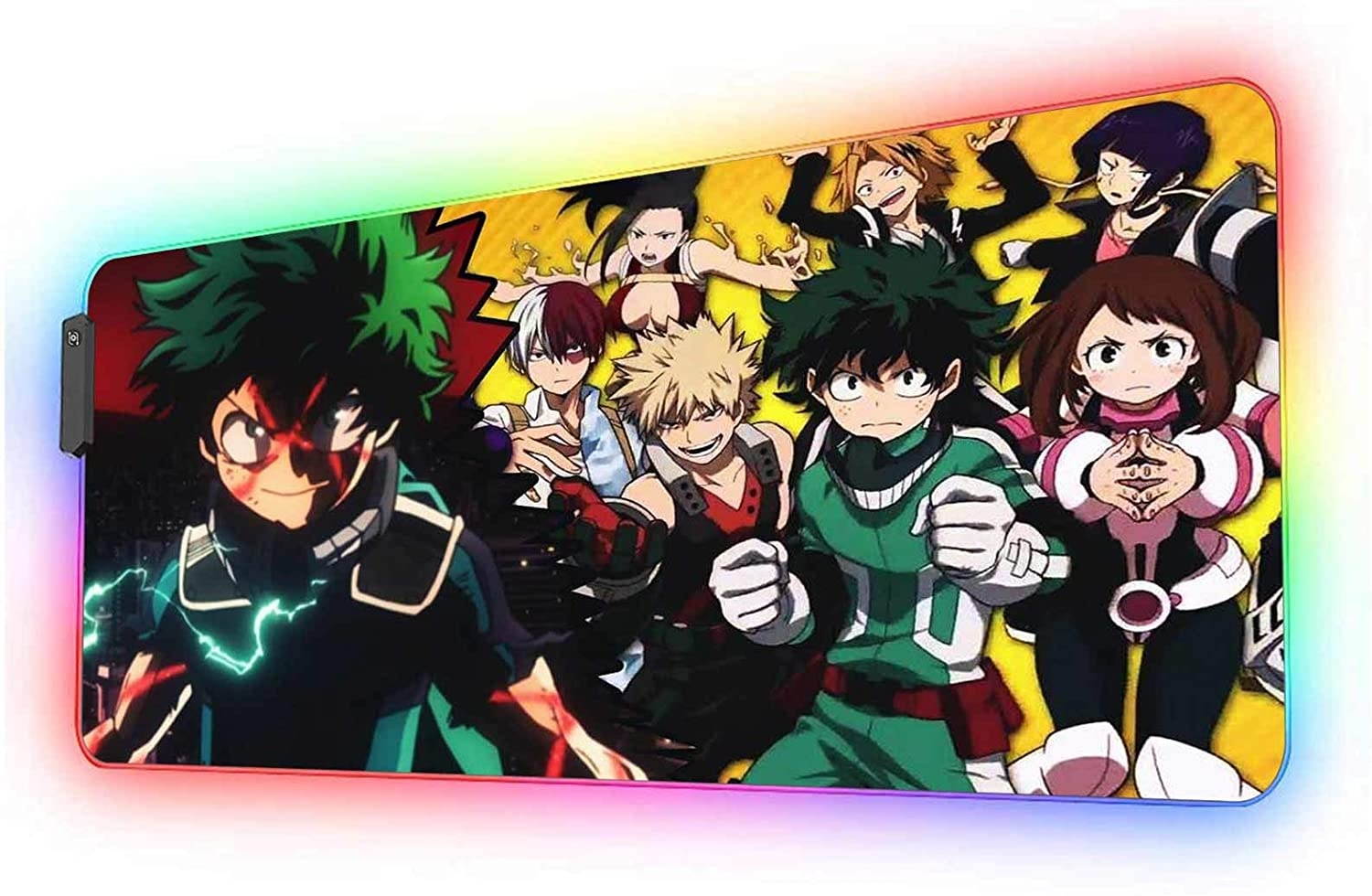 Gaming Mouse Pad RGB Anime My Hero Academia Deku And Heroes,Mousepad With 12 Lighting Modes & Non-Slip Rubber Base-3Mm Thick-Laptop Glowing Desk Pad-Computer Keyboard And Mice Combo Pads Mat 23.6X13.8