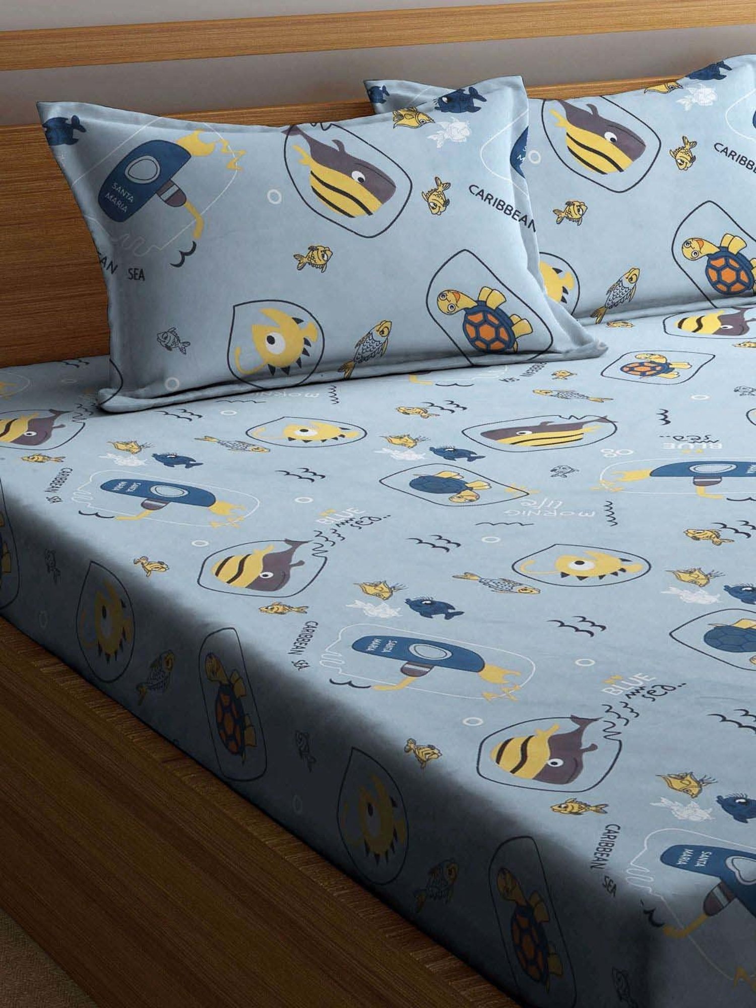 Klotthe Blue 300 TC Polycotton Double Elastic Book Fold Bedsheet with 2 Pillow Covers