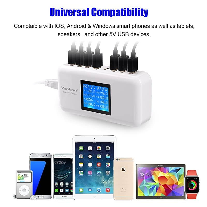 USB Charger, 60W/12A 8-Port Desktop Charger Charging Station Multi Port Travel Fast Wall Charger Hub with LCD for Smart Phones, Tablet and More (White)