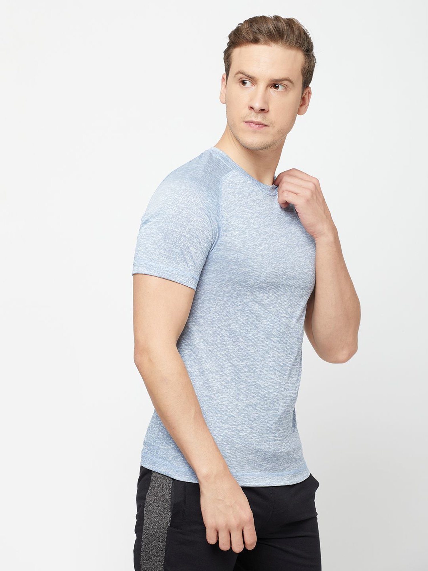 Sporto Blue Melange Regular Fit Sports T-Shirt