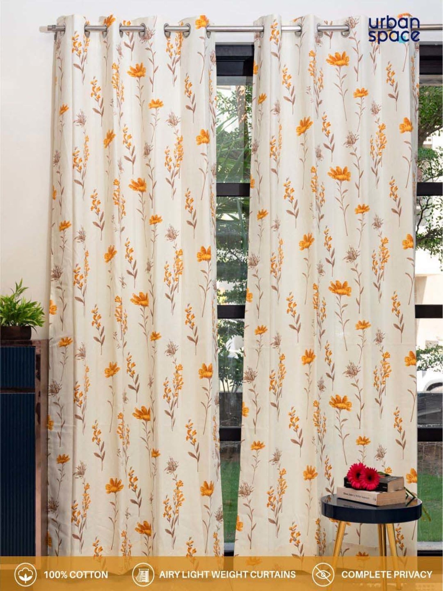 Urban Space Orchid Blooms Yellow Cotton Floral Printed Window Curtain - Set of 2