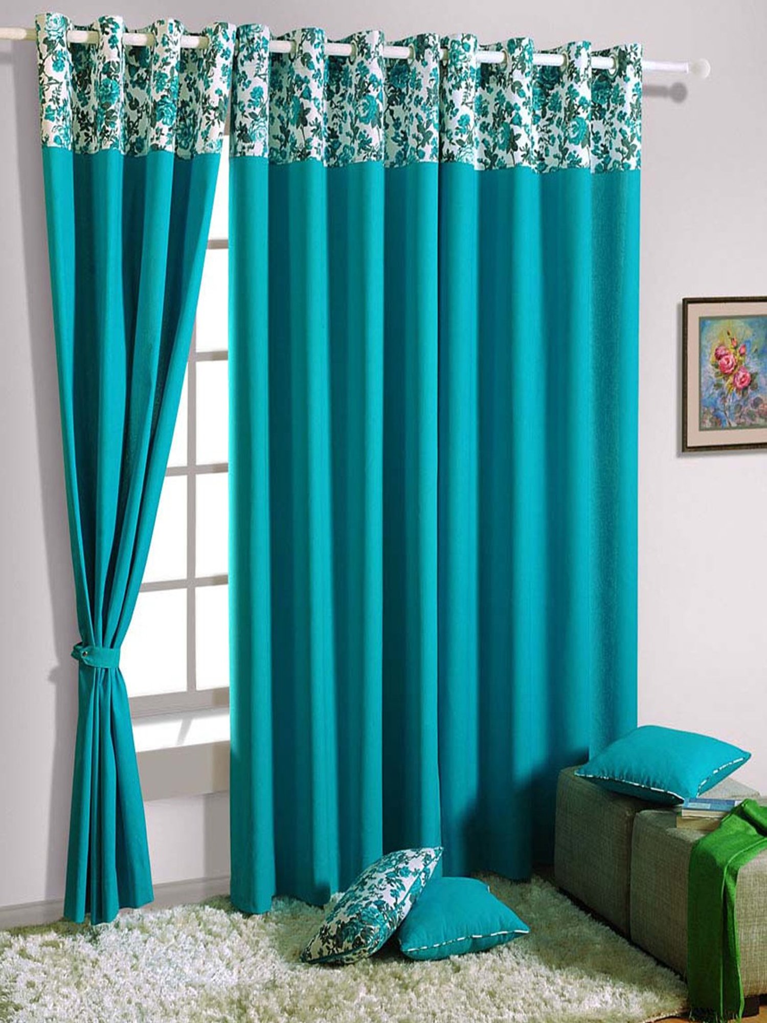 Swayam Premium Lining Plain Eyelet Long Door Curtain - Single Piece (Turquoise),9 Ft