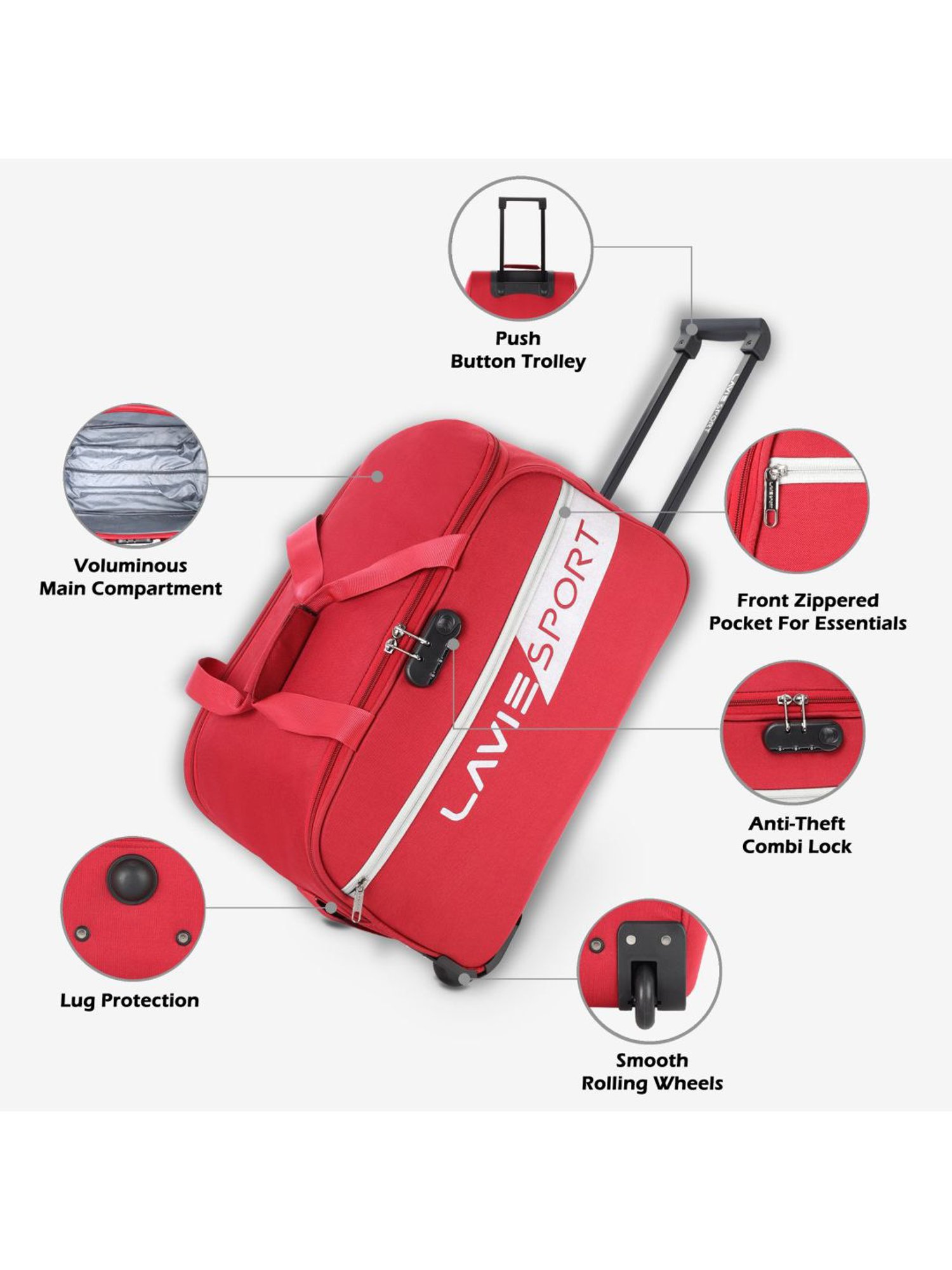 Lavie Sport 53 cms Camelot Wheel Duffle Bag With Combi Lock| Trolley Bag (Red)
