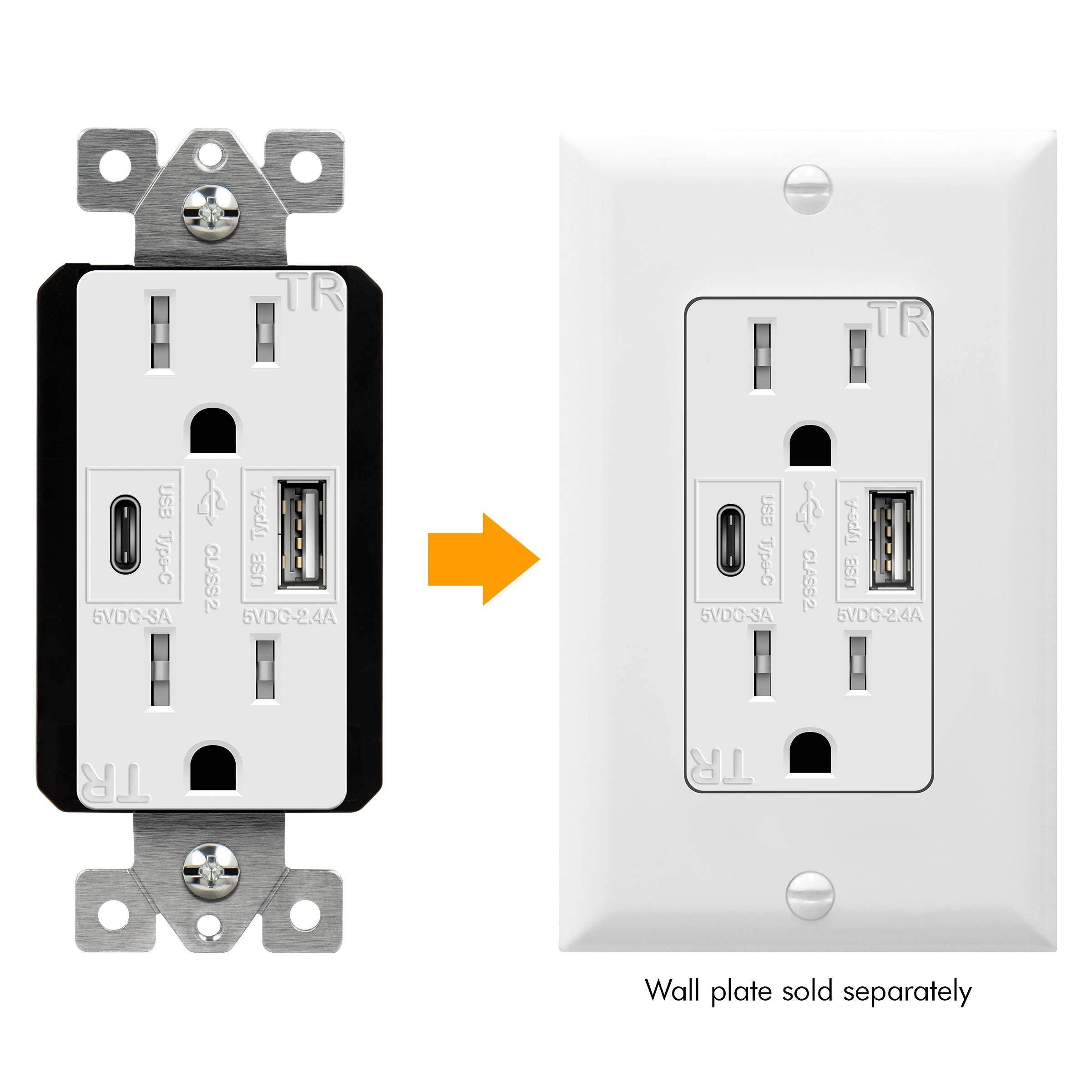 TOPGREENER TU21558AC 5.8A Ultra-High-Speed USB Type C/A Wall Outlet Charger, 15A TR Receptacle, Compatible with iPhone SE/11/XS/XR/X, Samsung Galaxy S20/S10/S9, LG, HTC & More, White