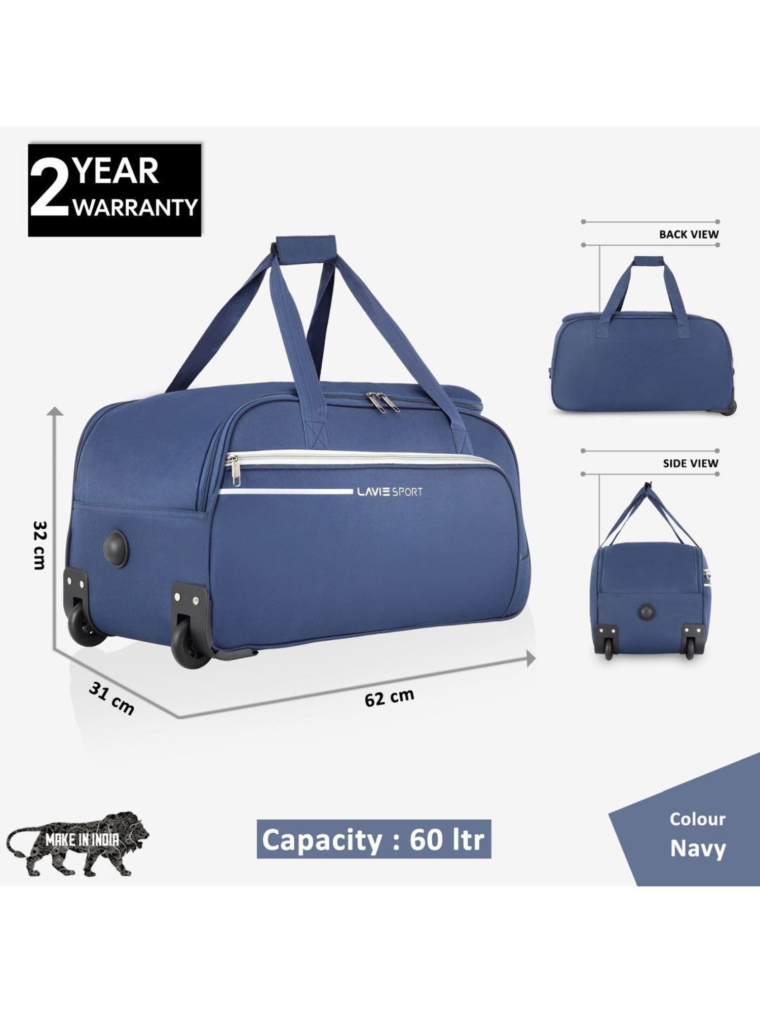 Lavie Sport Large Size 62 Cms Galactic Wheel Duffle Bag  | Trolley Bag (Navy)