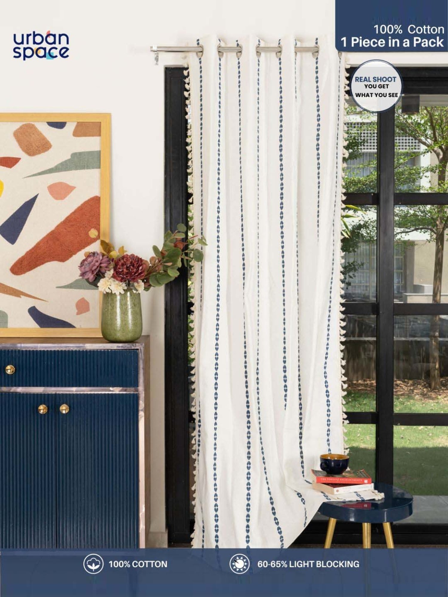 Urban Space Vintage Braid Indigo Cotton Embroidered Door Curtain