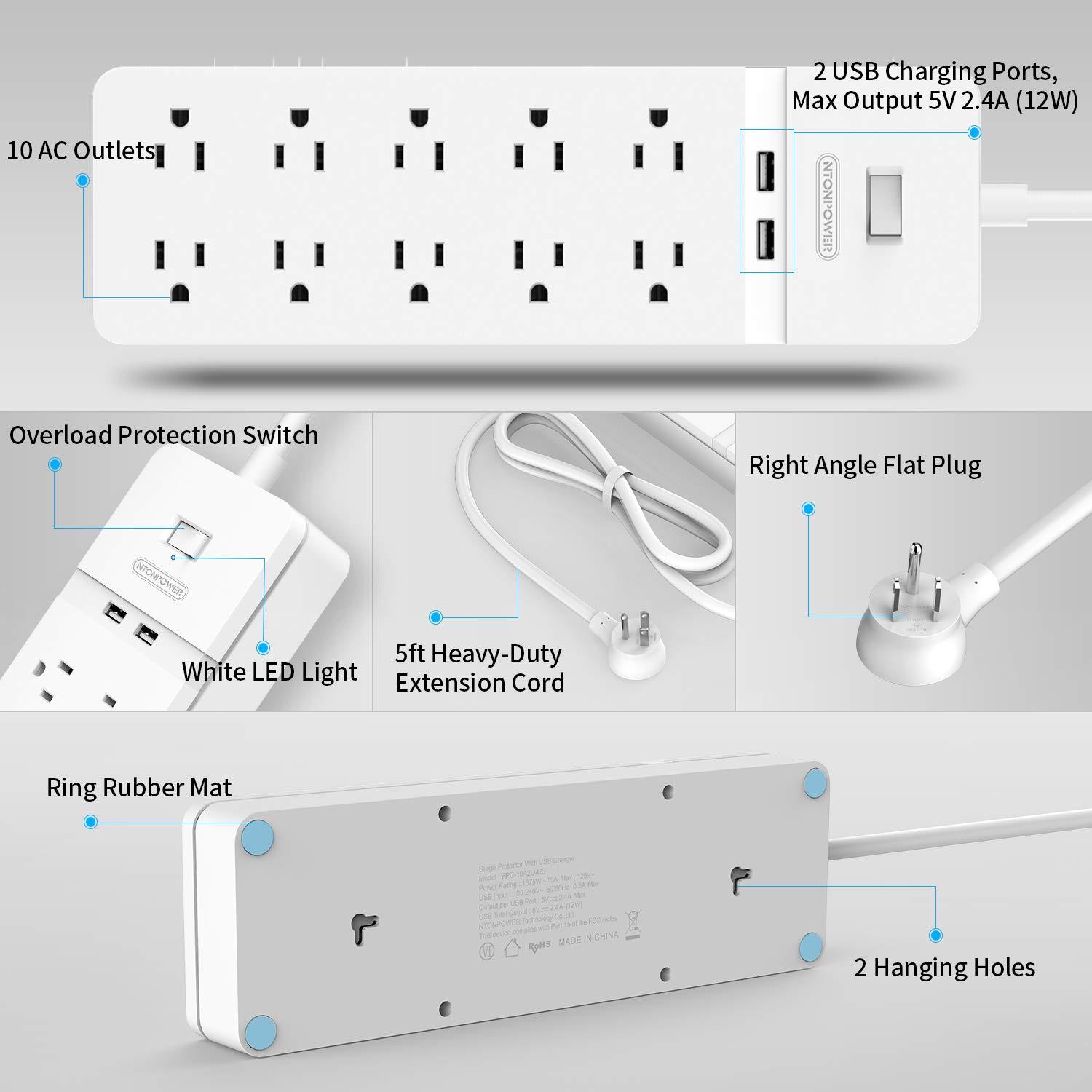 Surge Protector Power Strip - NTONPOWER 10 Outlets Power Strip with 2 USB Ports, Power Strip Flat Plug, 5ft Heavy-Duty Extension Cord, 15A Circuit Breaker, Wall Mount, for Home and Office - White