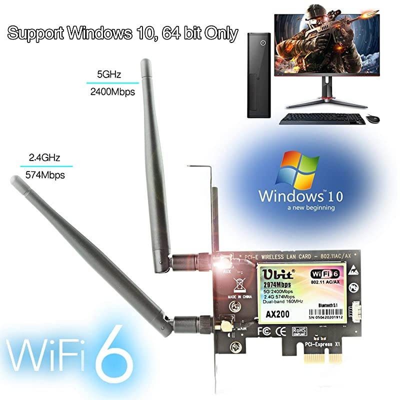 6 Card for PC | Wireless PCIe Card | Max 3000Mbps with Bluetooth 5.1 | Intel AX200 Chip,MU-MIMO,OFDMA,Ultra-Low Latency | 802.11AX Dual-Band PCI-E Card (for Windows 10, 64-bit Only)