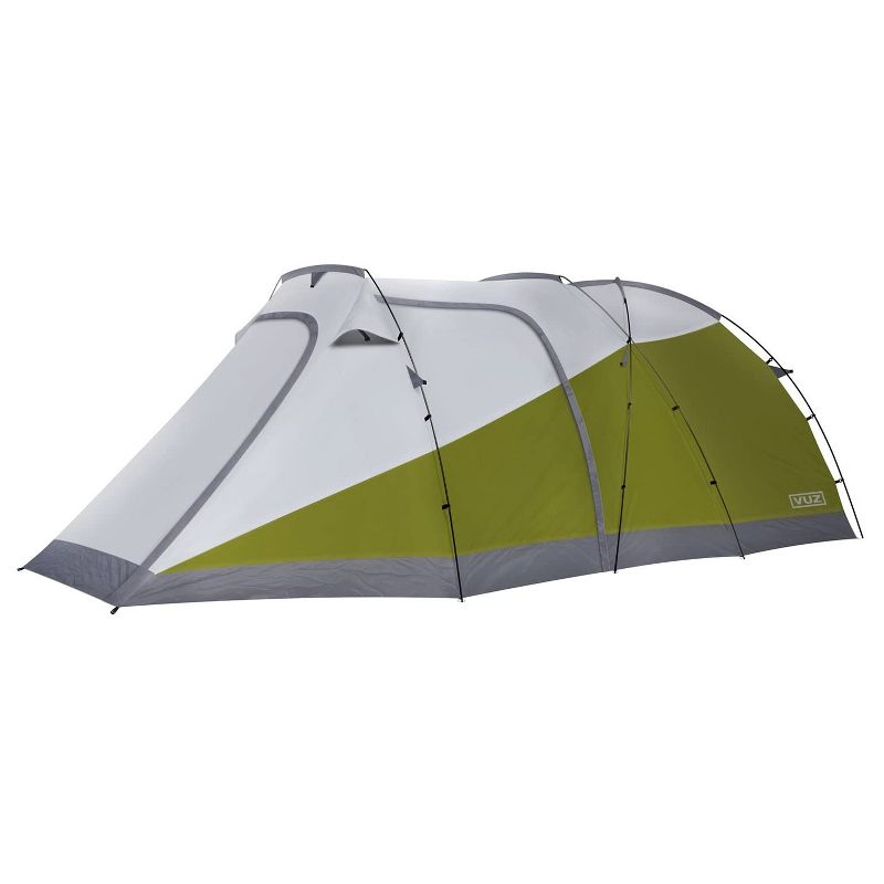 Vuz Moto VUZ-MT Waterproof 12-Foot 3-Person Camping Tent with Integrated Motorcycle Port, 4 Points of Entrance, Green and White