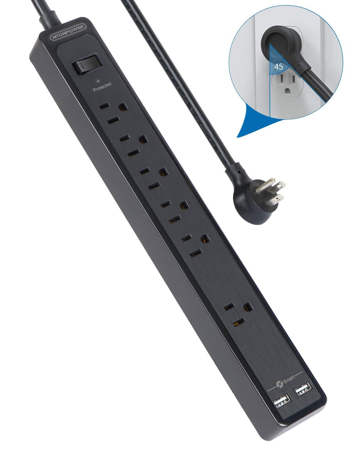 6 Outlets Surge Protector Power Strip with 2 USB Ports, 1875W Flat Plug Power Strip, 5ft Heavy-Duty Extension Cord, Widely Spaced Outlet, Wall Mount for Office Home Theater Workshop, Black, 500 J