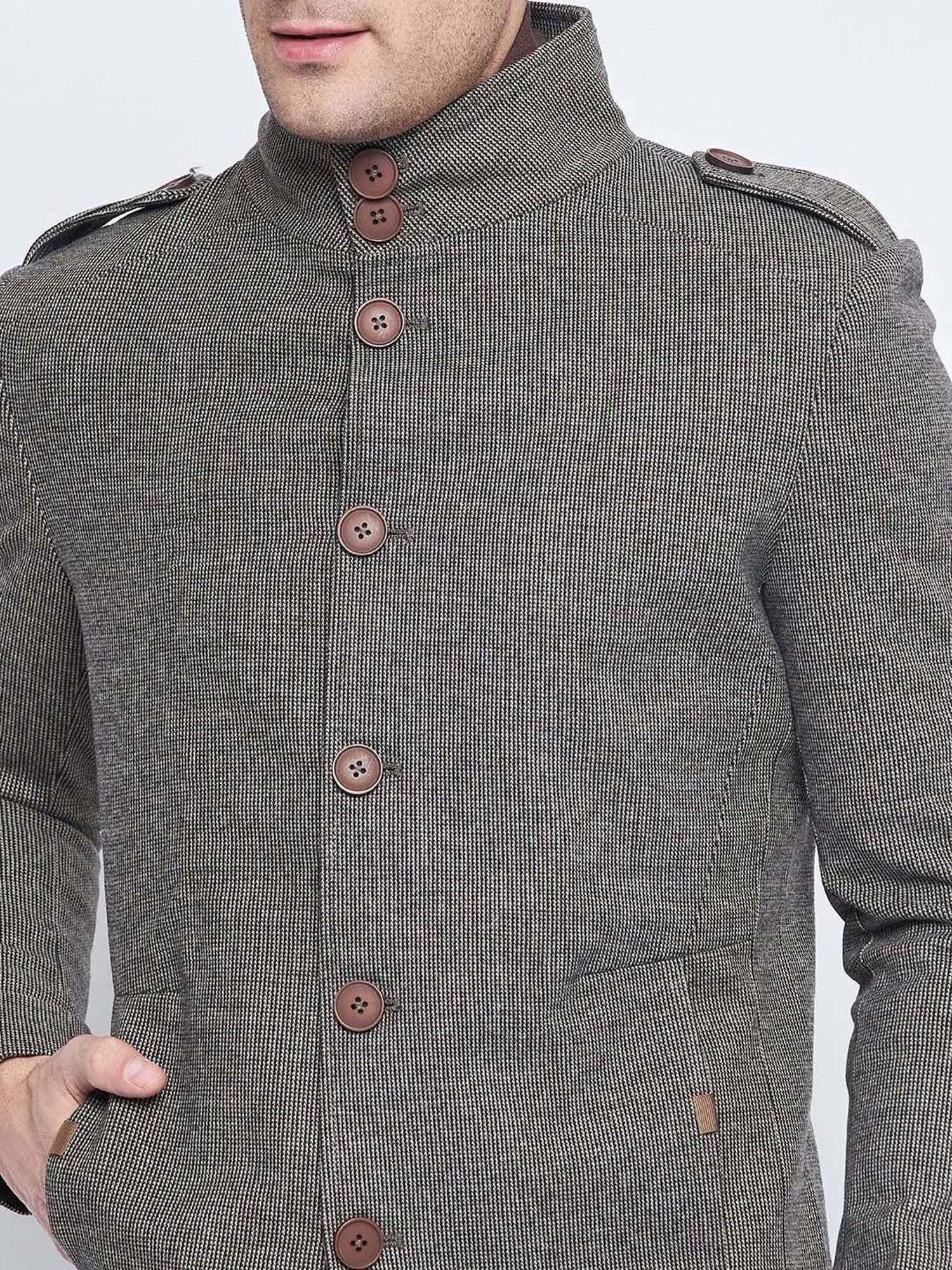 Camla Coffee Brown Regular Fit Mock Collar Textured Overcoat