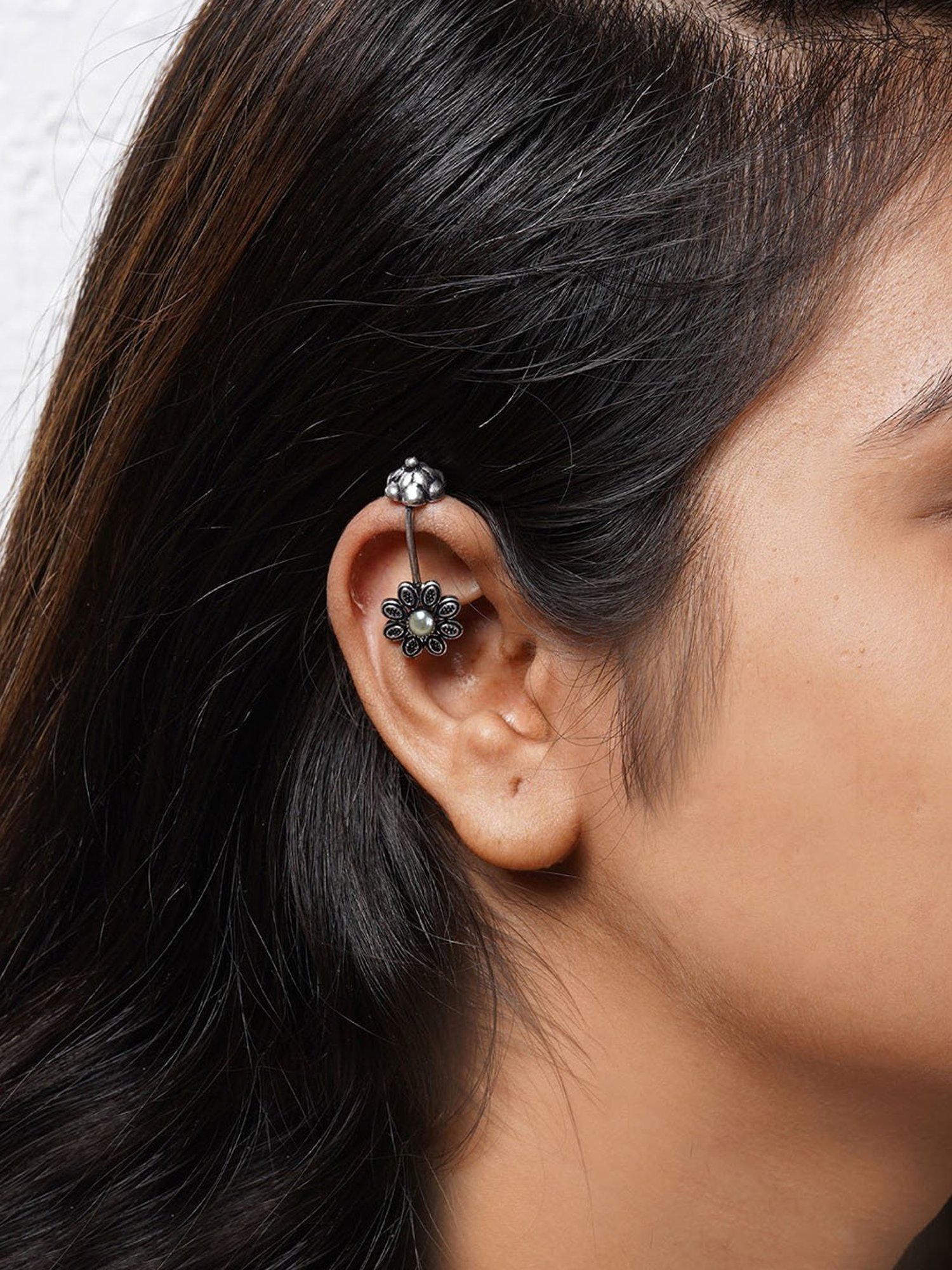 Teejh Ladli White Stone Silver Oxidised Clip On Bugadi