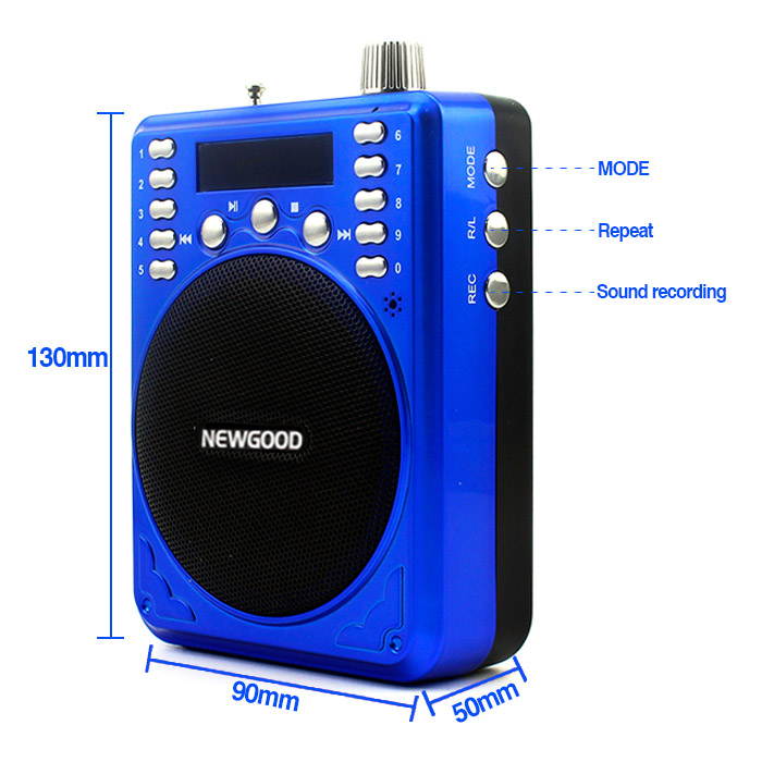 NEWGOOD Portable Mini Voice amplifier Speaker Microphone Megaphone Booster Loudspeaker MP3 player SD TF Card USB disk FM Radio For Sales Promotion (Blue)