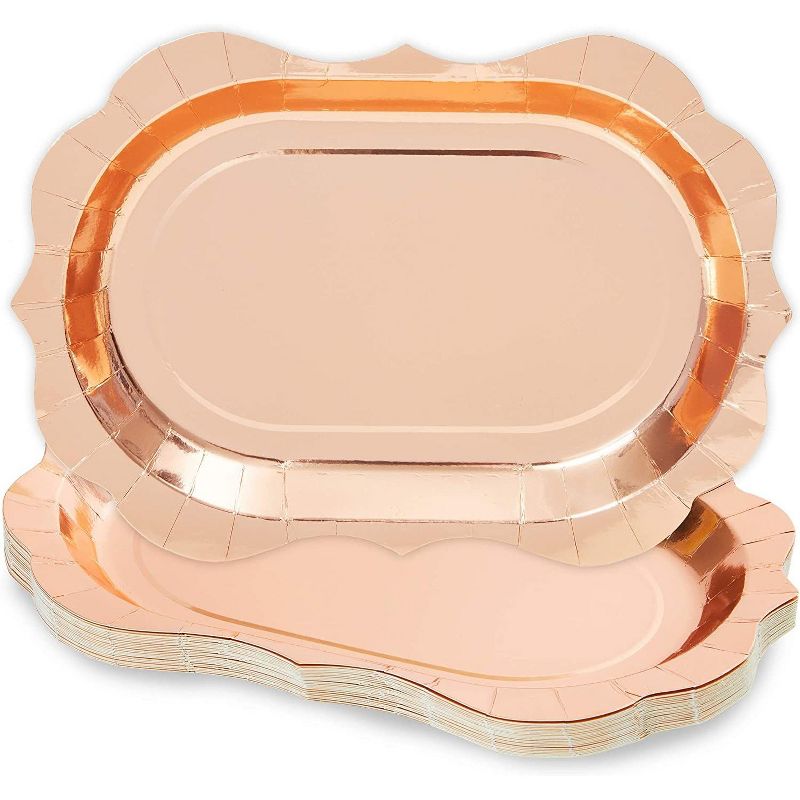 Sparkle and Bash 24 Pack Vintage Rose Gold Foil Disposable Paper Serving Trays for Parties 9 x 13 In
