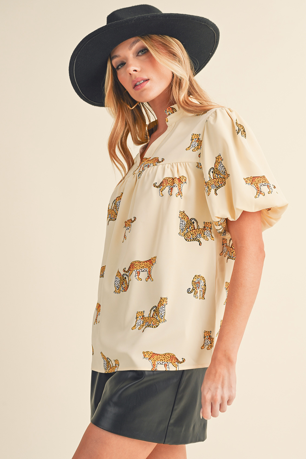 Apricot Animal Print V Neck Puff Sleeve Blouse