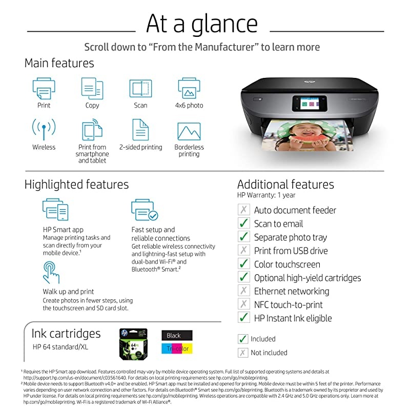 Envy Photo 7155 All in One Photo Printer with Wireless Printing Instant Ink Ready K7G93A Renewed