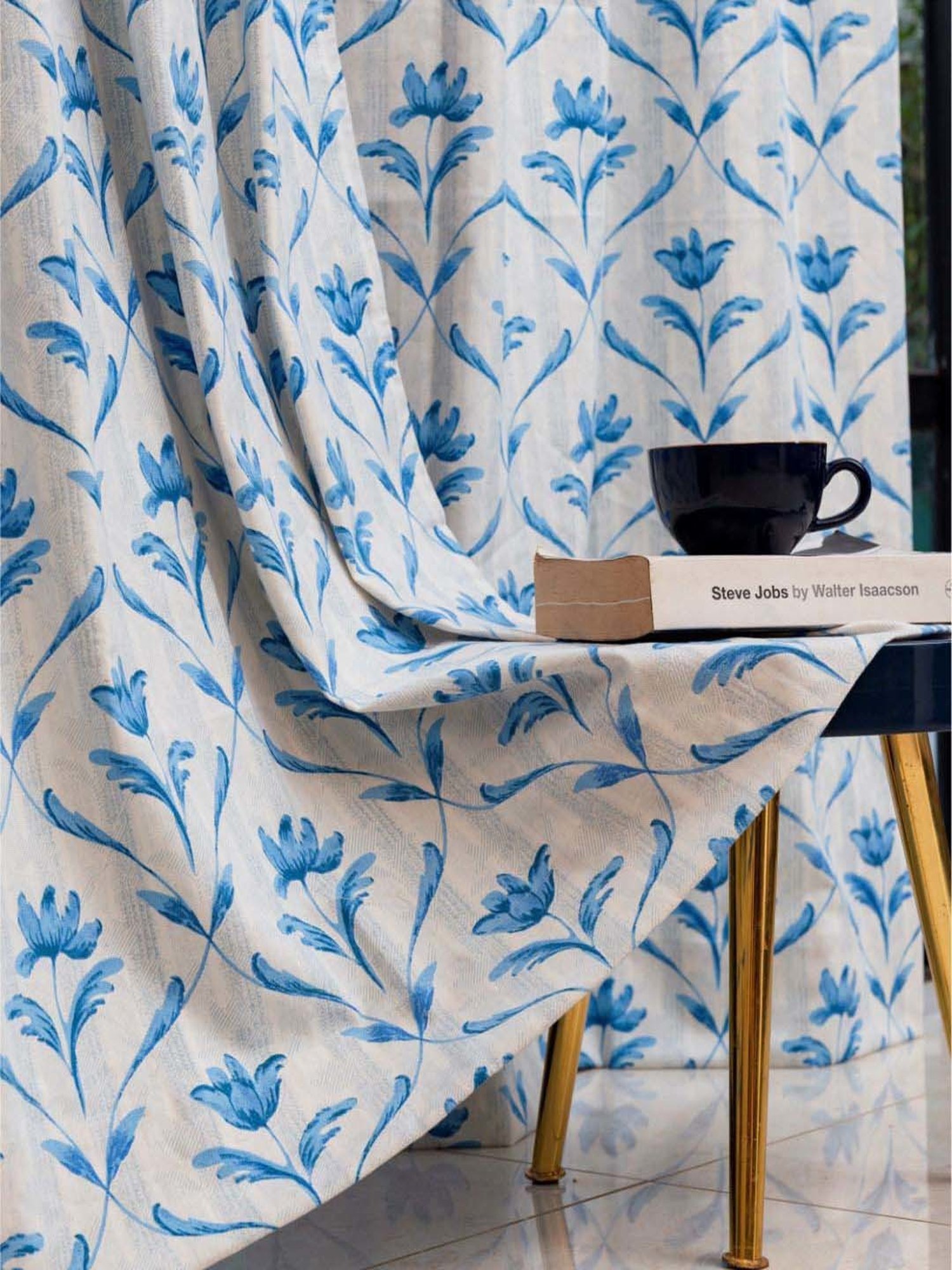 Urban Space White & Blue Cotton Water Lily Printed Window Curtain - Set of 2