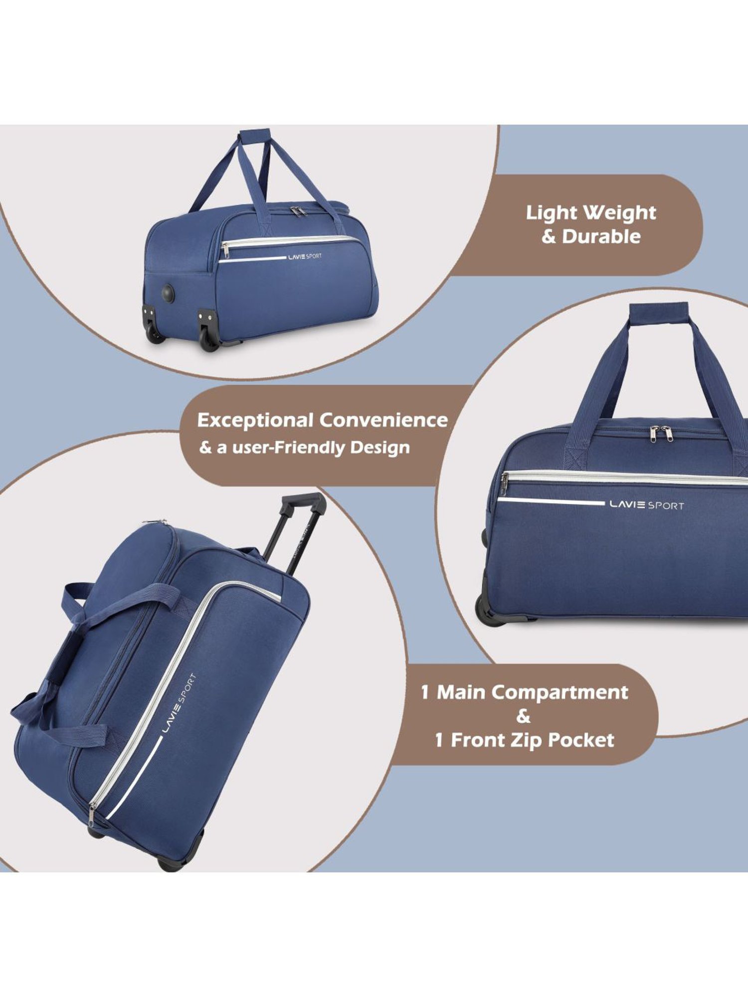 Lavie Sport Large Size 62 Cms Galactic Wheel Duffle Bag  | Trolley Bag (Navy)