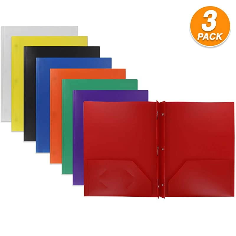 2 Pocket Poly Portfolio Two Pockets Folder with 3 Prongs and Business Card Holder Organizer Designed for Home, Office, School, Classroom and More - Actual Colors May Vary (Pack of 3)