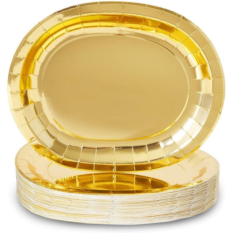 Sparkle and Bash 48-Pack Gold Paper Serving Trays, 10" x 12.5" Oval Food Tray, Disposable Cardboard, Party Supplies