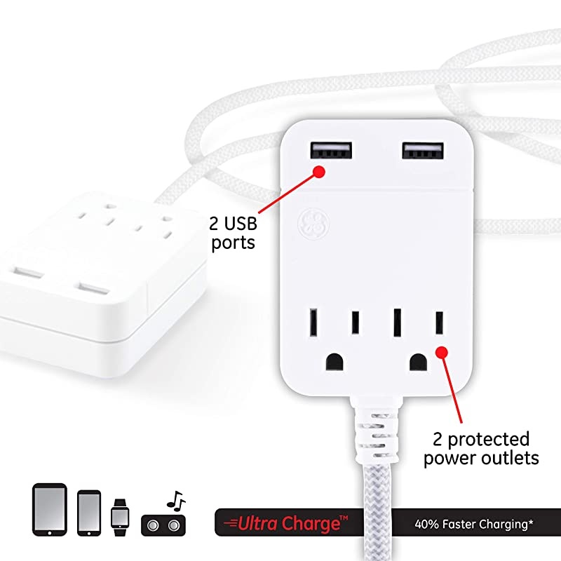 2 Outlet 2 USB Sur Protector, 12W/2.4A Total USB, 10 ft Braided Extension Cord, Flat Plug, for iPhone 11/Pro/Max/XS/XR/X/8, iPad Pro, Samsung Galaxy, Google Pixel, 250 Joules, White/Gray, 38432