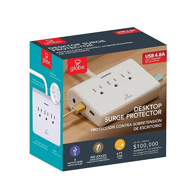 Desk Top Surge Protector Strip 4X USB Ports 3 Grounded Outlets 6ft Power Cord Reset Button Finish 78428 White Desktop