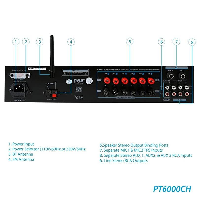 Wireless Bluetooth Power Amplifier System 4200W 6CH Powered Rack Mount Portable Surround Sound Multi Zone Audio Home Stereo Receiver Box wRCA USB AUX for Speaker PA Theater  PT6000CH