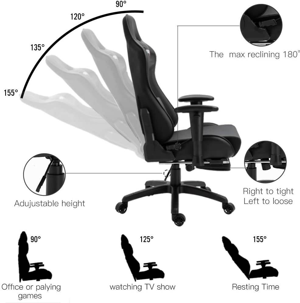 Nokaxus Office Chair Computer Gaming Chair with Massage Lumbar Support and Retractible Footrest PU Leather 90-180 Degree Adjustment of Backrest