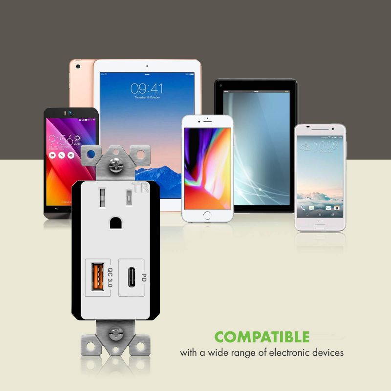 TOPGREENER USB Outlet with 18W Type-C Power Delivery Port and Quick Charge 3.0 USB Port, 15A TR Outlet, for iPhone SE/11/XS/XR/X, iPad, Google Pixel, Samsung Galaxy, More, TU115QC3PD, 2-Pack