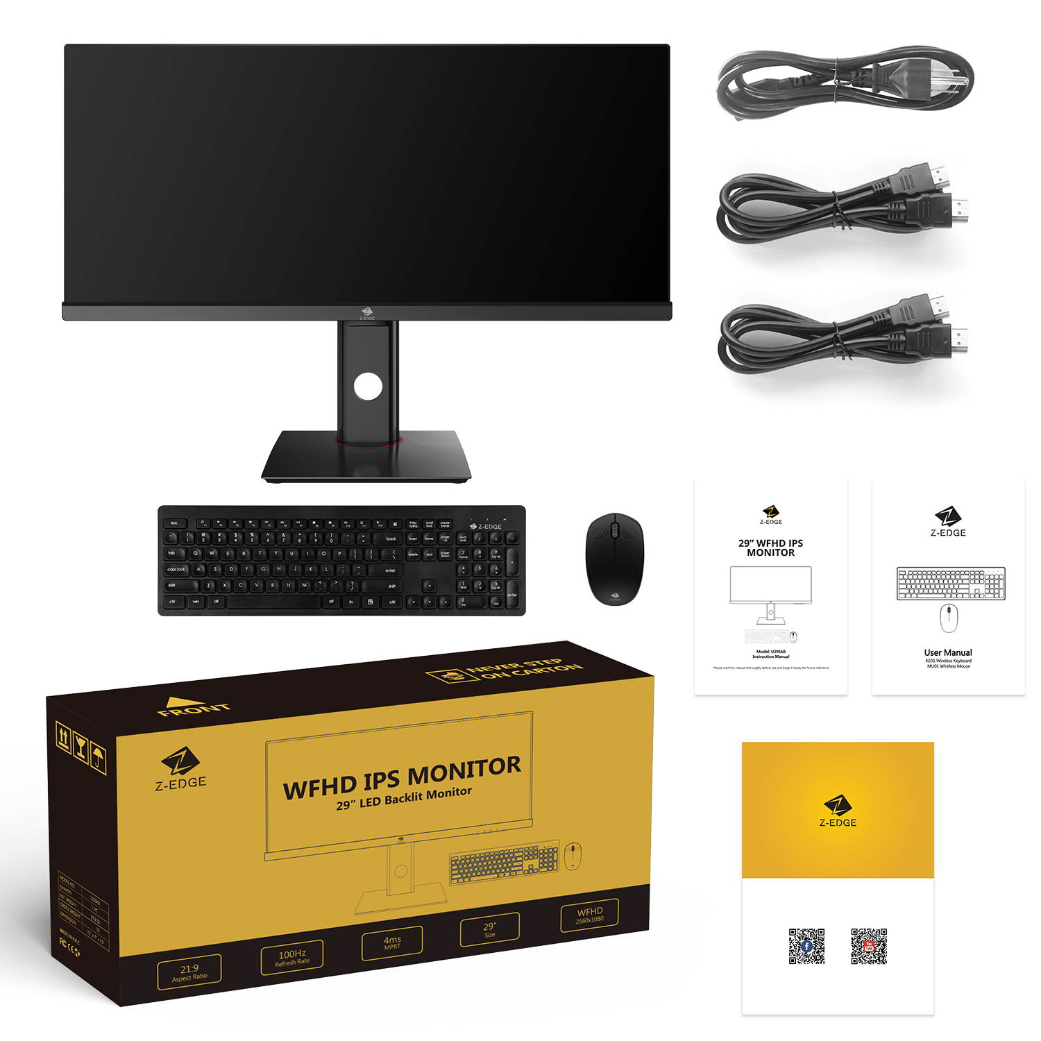 Z-EDGE U29IAB 29" Ultrawide 2560 x 1080 WFHD 21:9 Aspect Ratio 100Hz Refresh Rate 4 ms MPRT IPS Monitor, HDMIx2+DP, Built-in Speakers, with Wireless Keyboard & Mouse