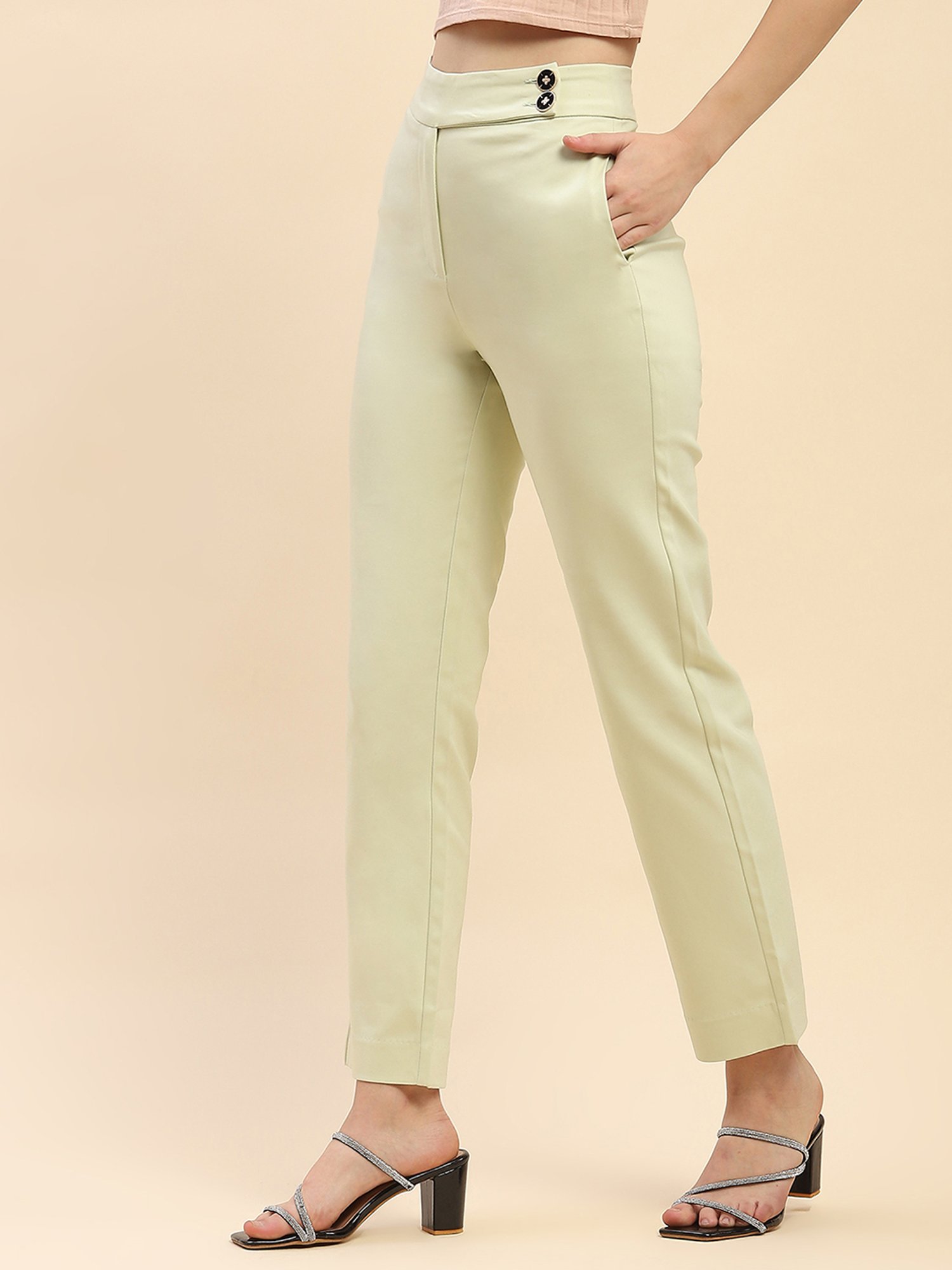 Camla Green Cotton Straight Fit Mid Rise Trousers