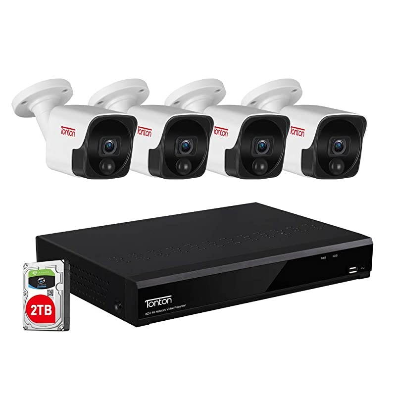 8CH 4K 8MP POE Security Camera System, 4K/8MP 8-Channel NVR with 2TB HDD for 24/7 Recording, 4pcs Wired 5MP Outdoor PoE IP Cameras, Supports Audio Recording, PIR Heat&Motion Sensing