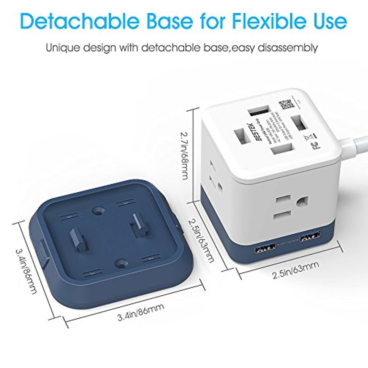BESTEK Compact Power Strip Travel Cube 3-Outlet and 4 USB Charging Station with Mountable Detachable Base, 5 Feet Extension Cord, Flat Plug,1875W