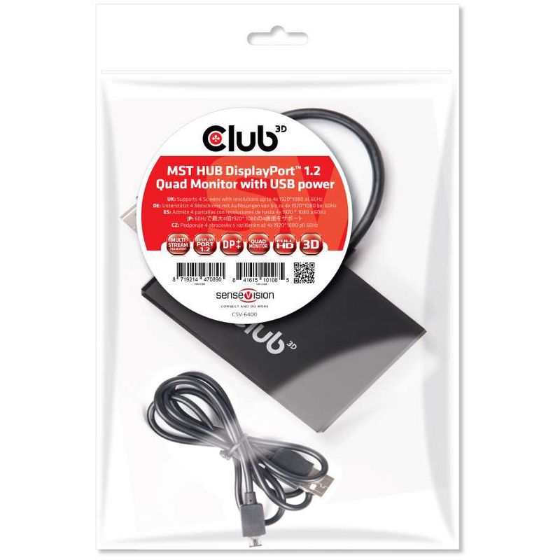 Club 3D Multi Stream Transport (MST) Hub DisplayPort 1.2 Quad Monitor USB Powered - 3840 ?? 2160 - DisplayPort - USB