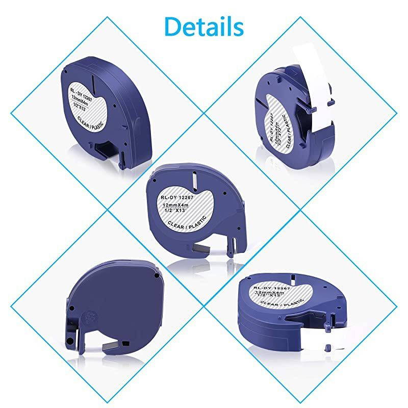 Compatible Label Tape Replacement for DYMO LetraTag Refills 16952 12267 S0721530 Black on Clear Plastic Tape for DYMO Label Maker Plus LT100H LT100T QX50 12Inch x 13 Ft 12mm x 4m 6P