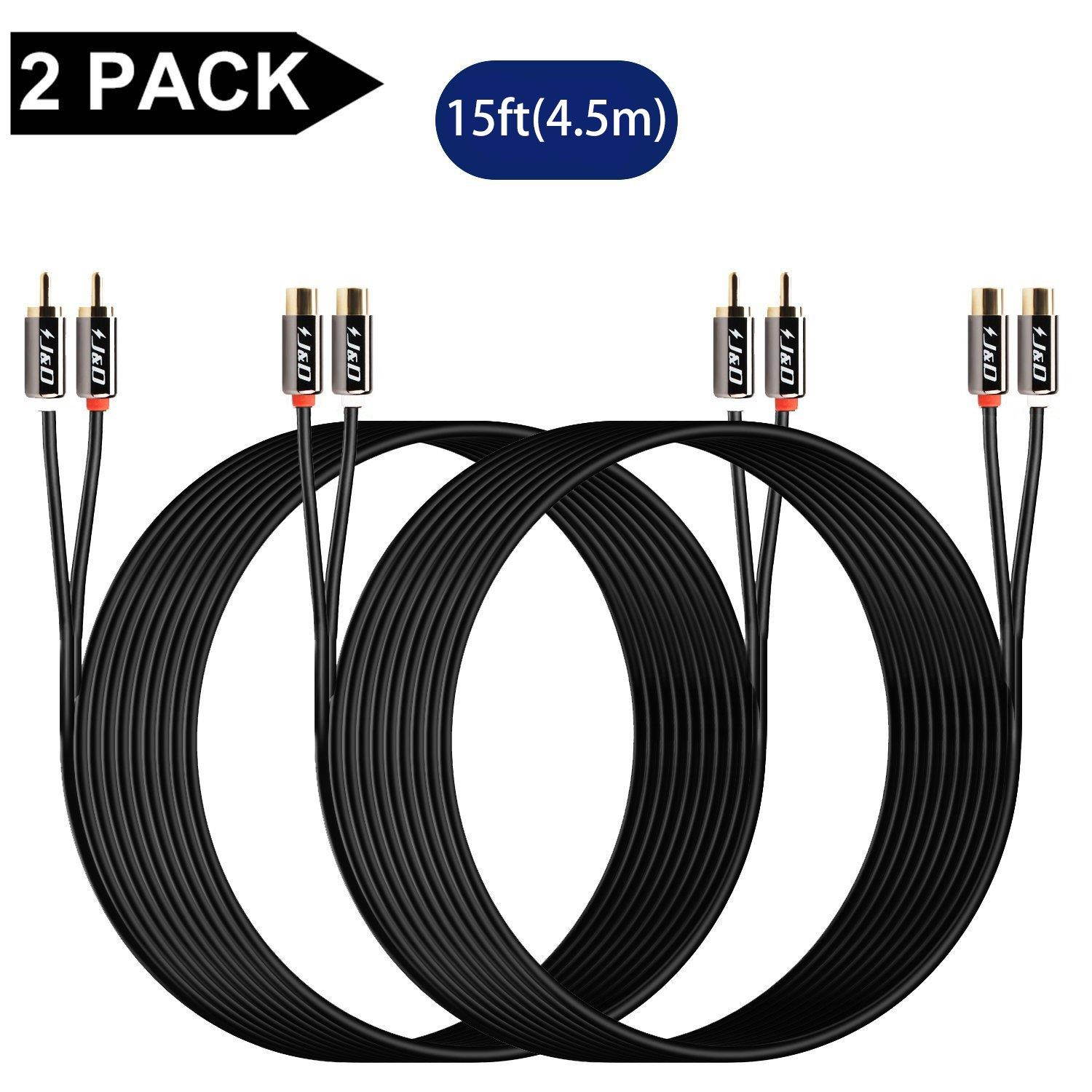 [2-Pack] 2RCA to 2RCA Cable, J&D Gold-Plated [Copper Shell] [Heavy Duty] 2 RCA Male to 2 RCA Female Stereo Audio Cable, RCA Cable - 15 Feet