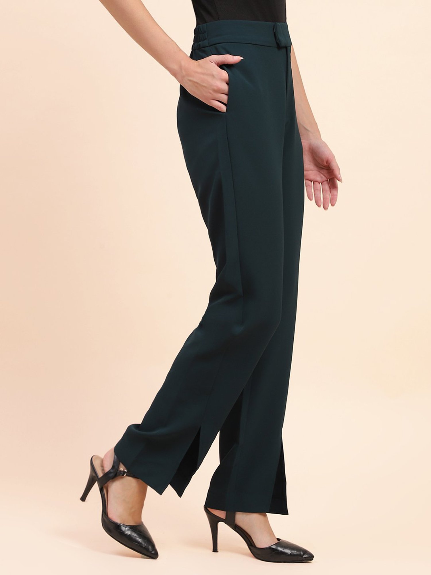 Camla Teal Straight Fit Mid Rise Trousers