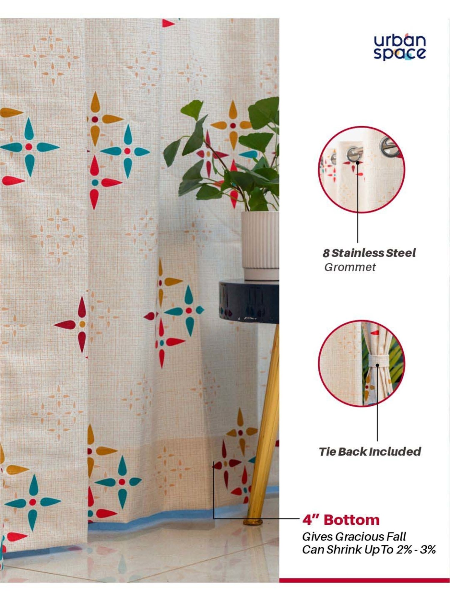 Urban Space White & Red Cotton Printed Window Curtain - Set of 2